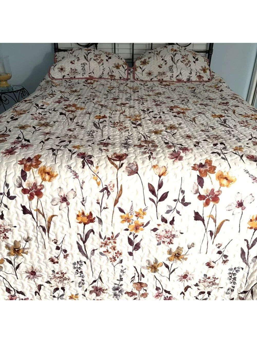 Vintage Quilted Bedspread W/ 2 Standard Shams Full Size Multicolor Floral Retro